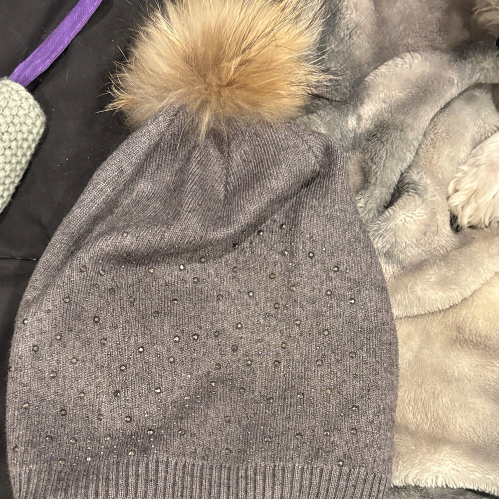 Gray Beanie with Faux Fur Pom Pom